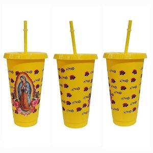 Virgen De Guadalupe Plastic Cup Tumbler 24oz Custom Design Yellow